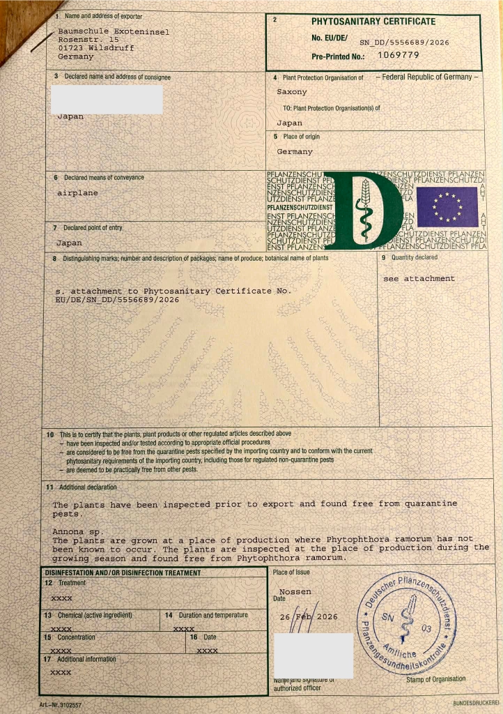 Phytosanitary Certificate - Pflanzengesundheitszeugnis